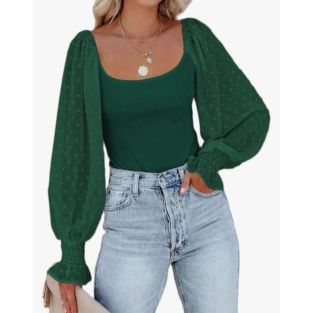 NEW Green Puff Long Sleeve Bodysuit Off Shoulder Sheer L